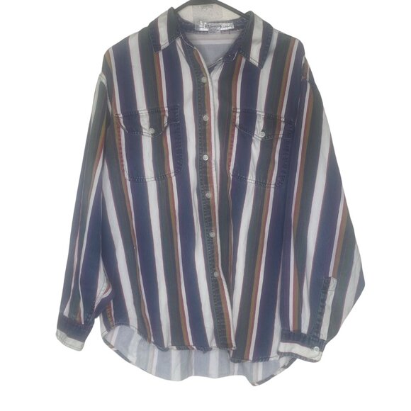 Vintage Kikomo Authentic Denim Button Up Shirt Womens Size L Striped Long-Sleeve - Picture 1 of 14